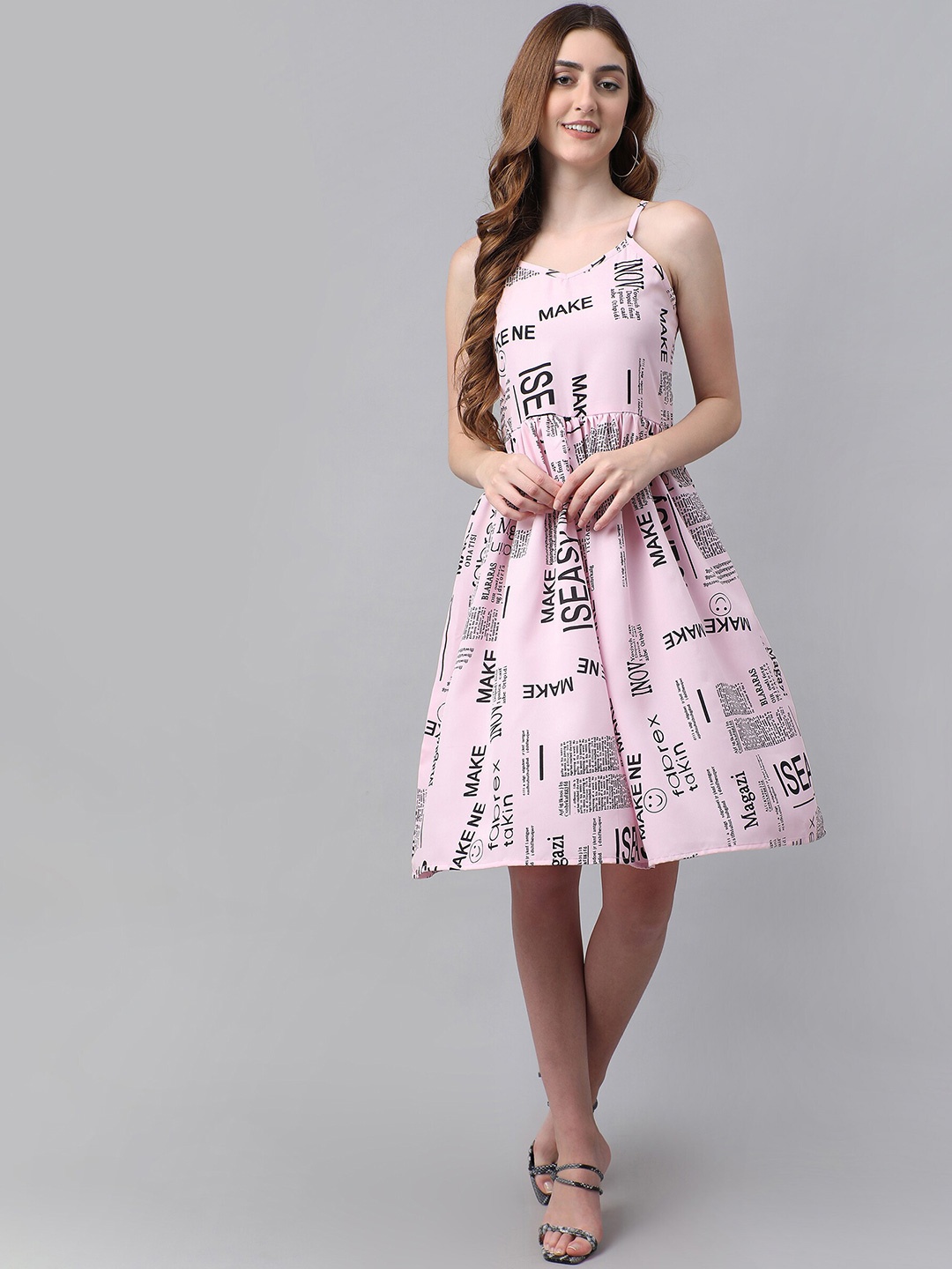 

BAESD Typography Printed Fit & Flare Crepe Dress, Pink