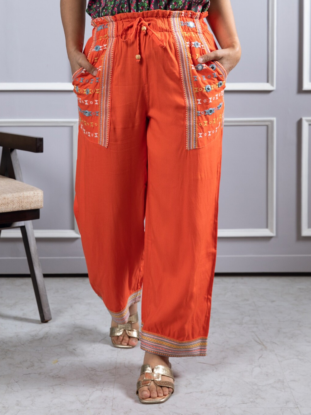 

Aadews Women Embroidered Mid Rise Palazzos, Orange