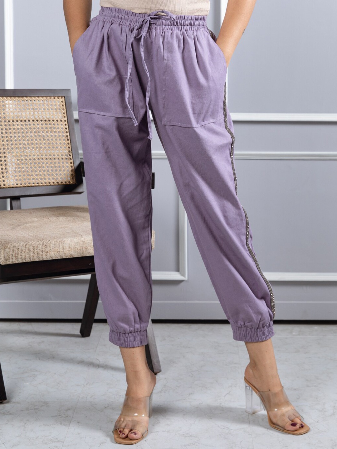 

Aadews Women Mid Rise Loose Fit Joggers Trousers, Purple