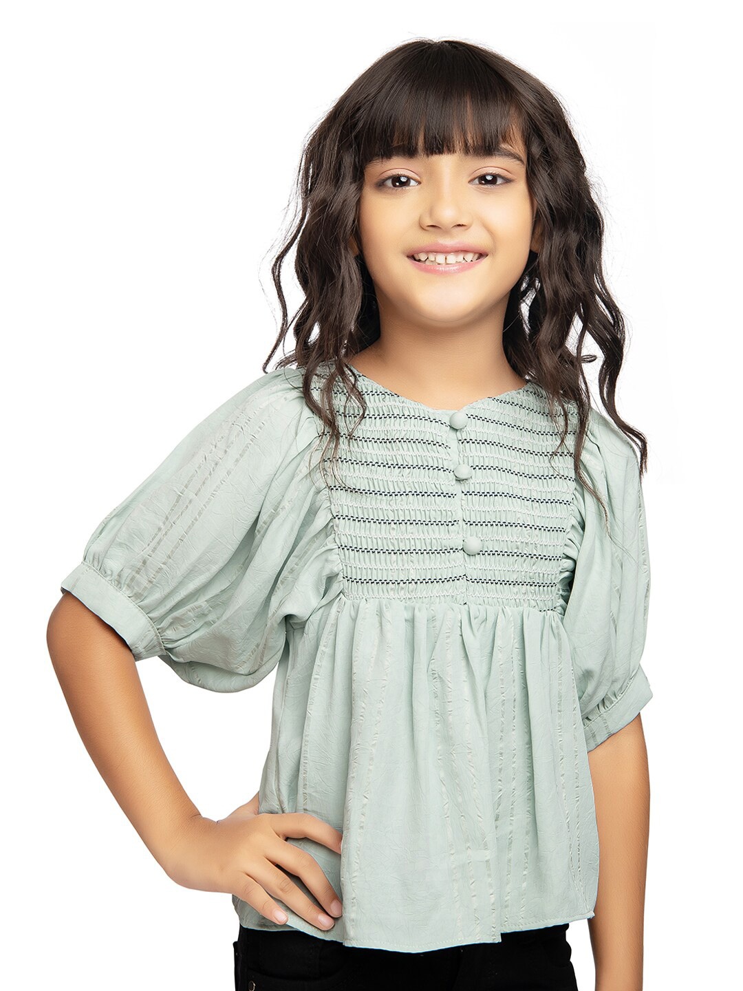 

Tiny Kingdom Girls Smocked Striped Round Neck Top, Green