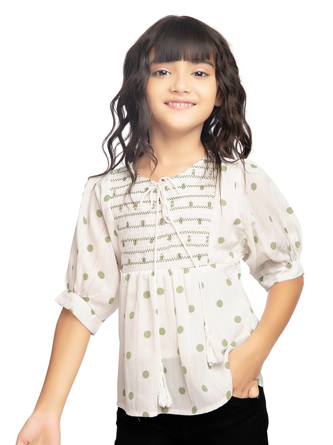 

Tiny Kingdom Girls Smocked Polka Dot Round Neck top, White