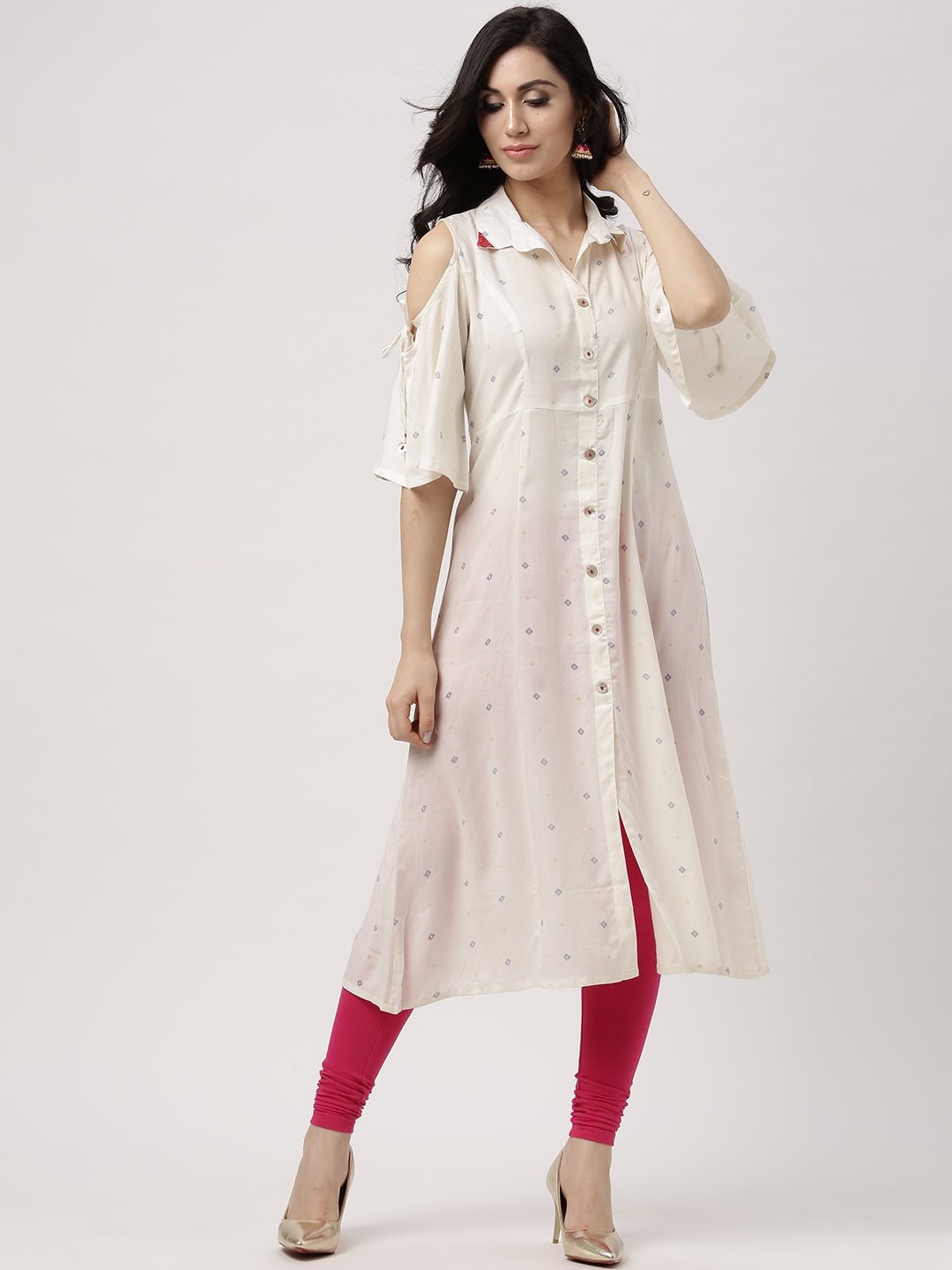 

IMARA Women Off-White Printed Cold Shoulder A-Line Kurta