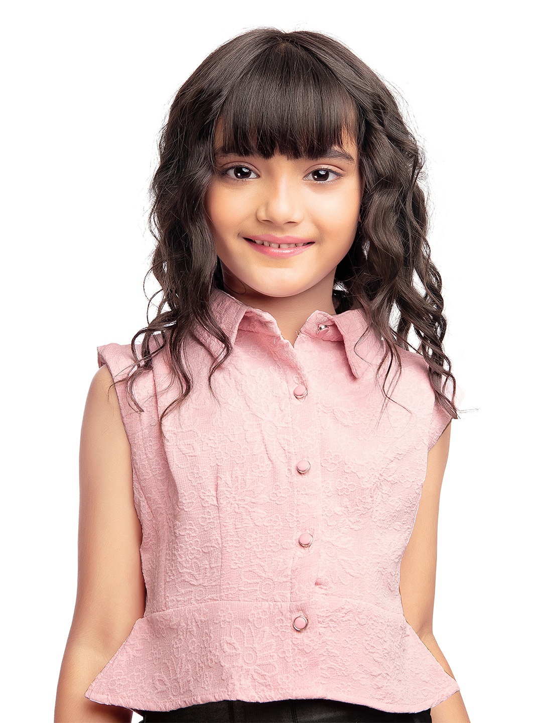 

Tiny Kingdom Girls Self Design Shirt Collar Top, Pink