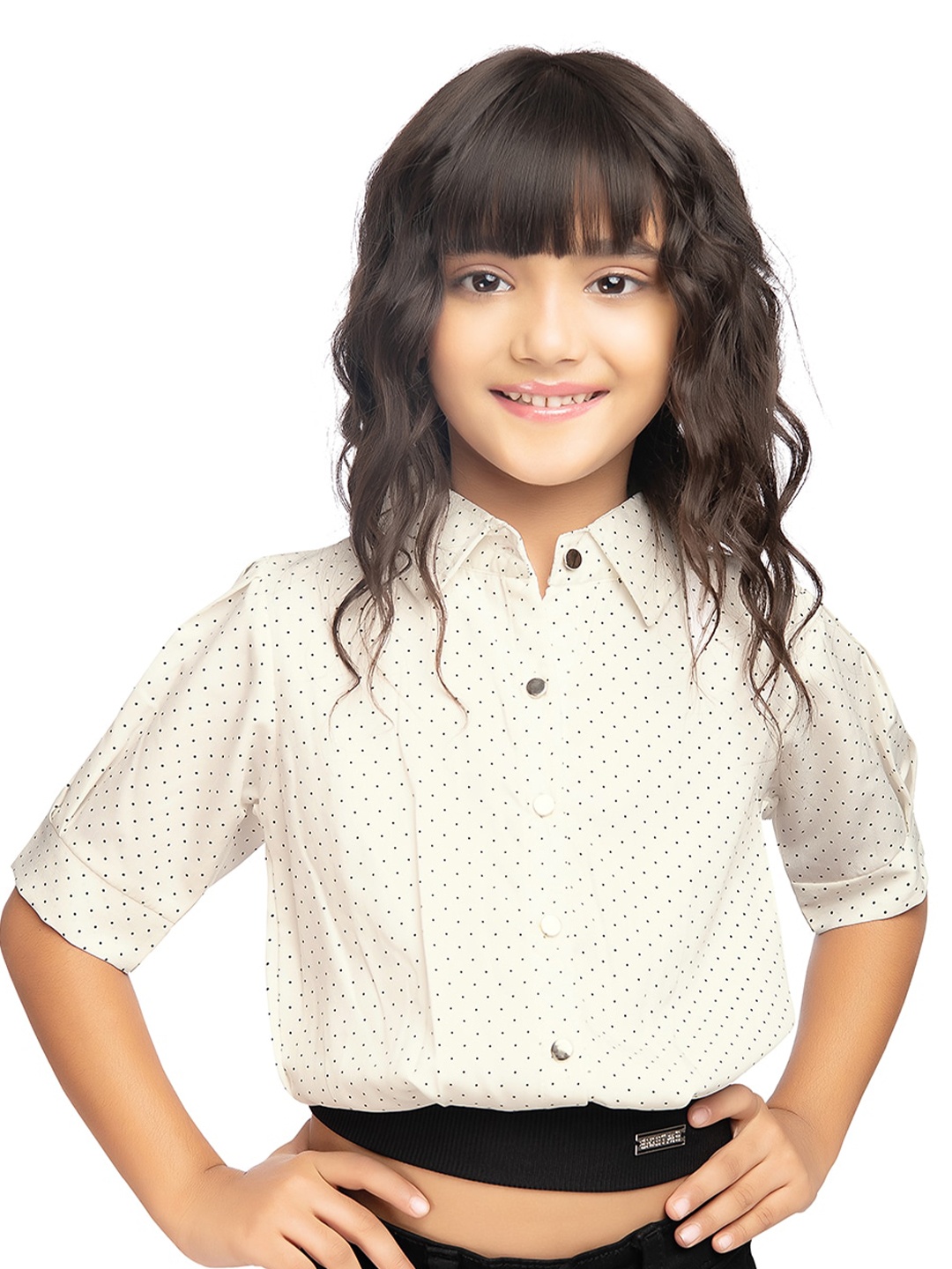 

Tiny Kingdom Girls Micro Disty Polka Dots Pattern Shirt Collar Top, Cream