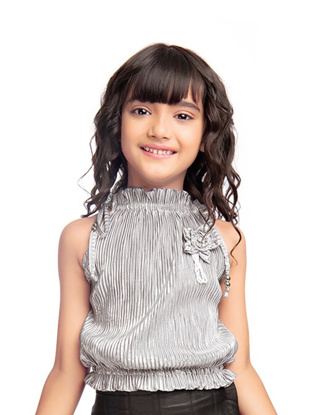 

Tiny Kingdom Self Design Bow Detail High Neck Top, Silver