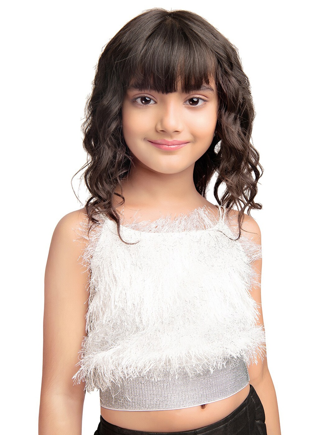 

Tiny Kingdom Self Design Fringed Detail Crop Top, White