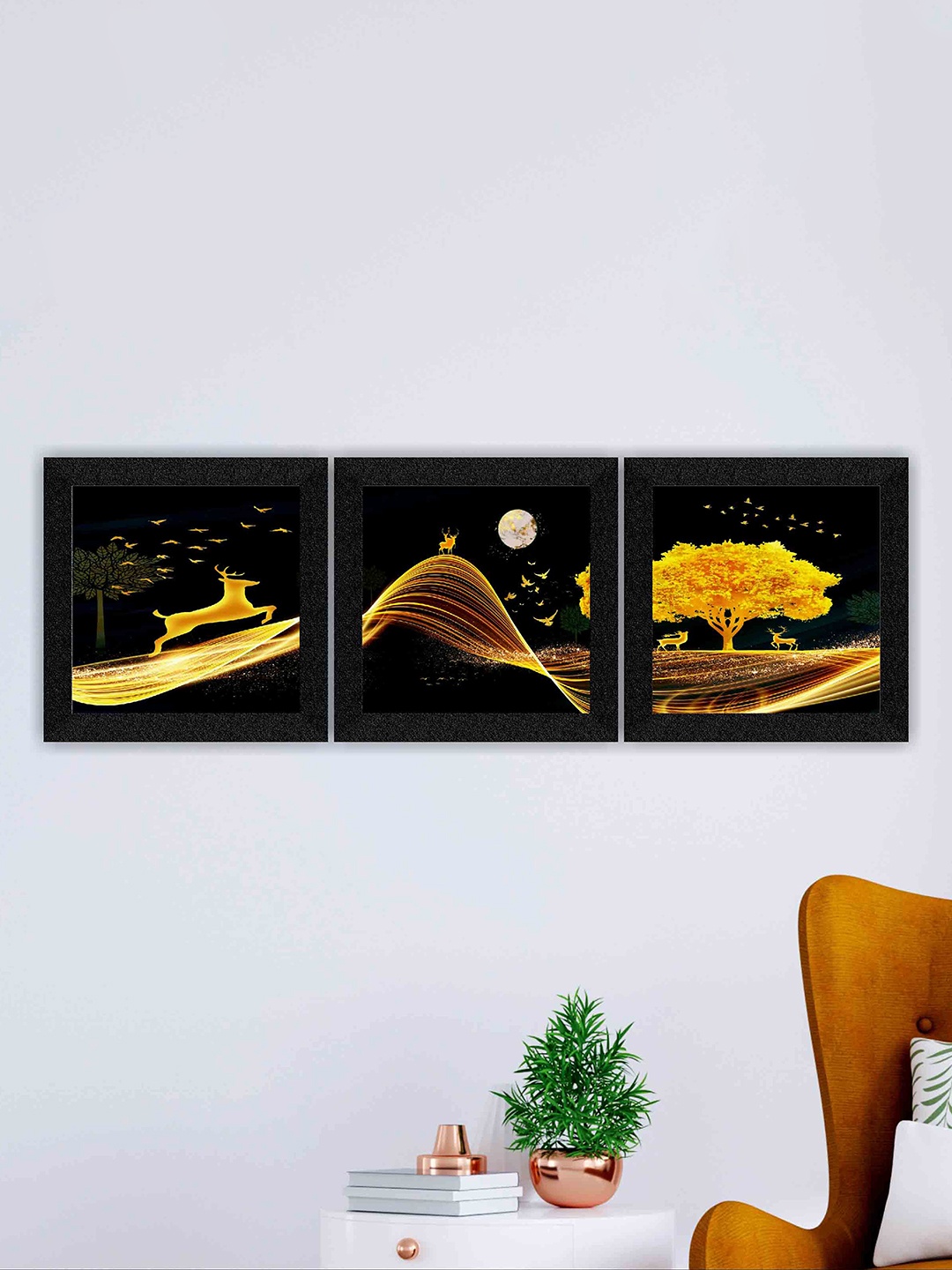 

SAF Black & Yellow 3 Pieces Nature Art-Painted Framed Wall Art
