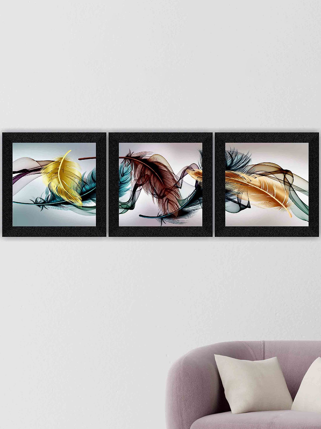 

SAF Grey & Yellow 3 Pieces Feather Painting Wall Art