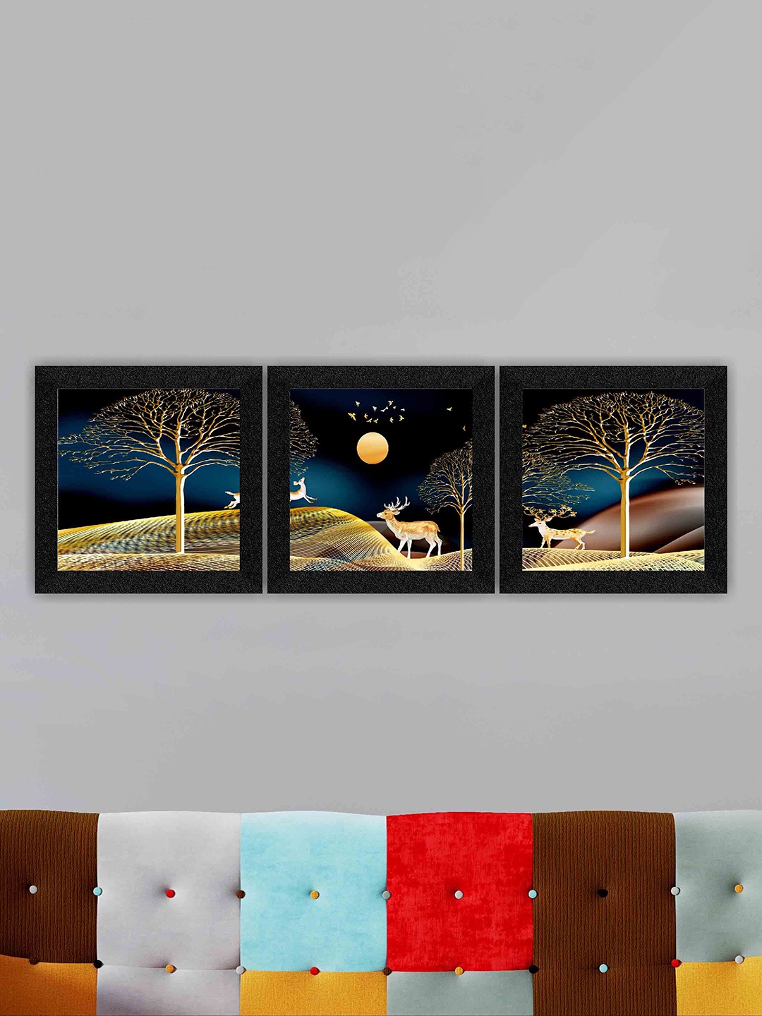 

SAF Black & Blue 3 Pieces Framed Nature Art Wall Painting