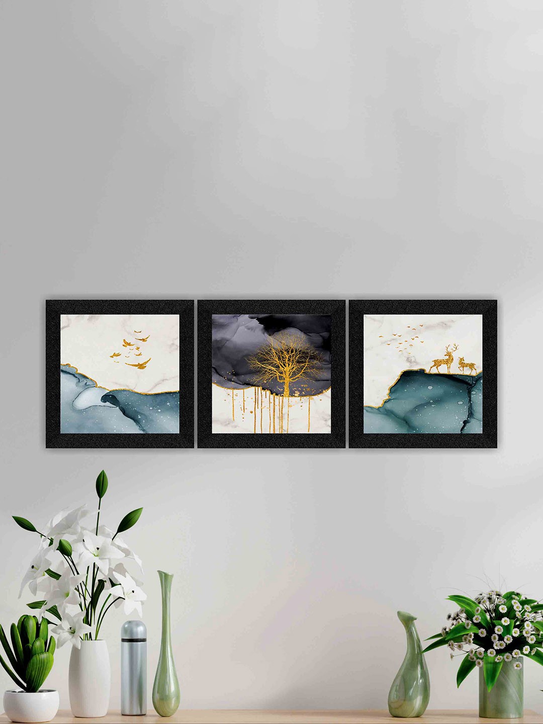 

SAF White & Grey 3 Pieces Nature Art Printed Framed UV Coating Square Wall Paintings