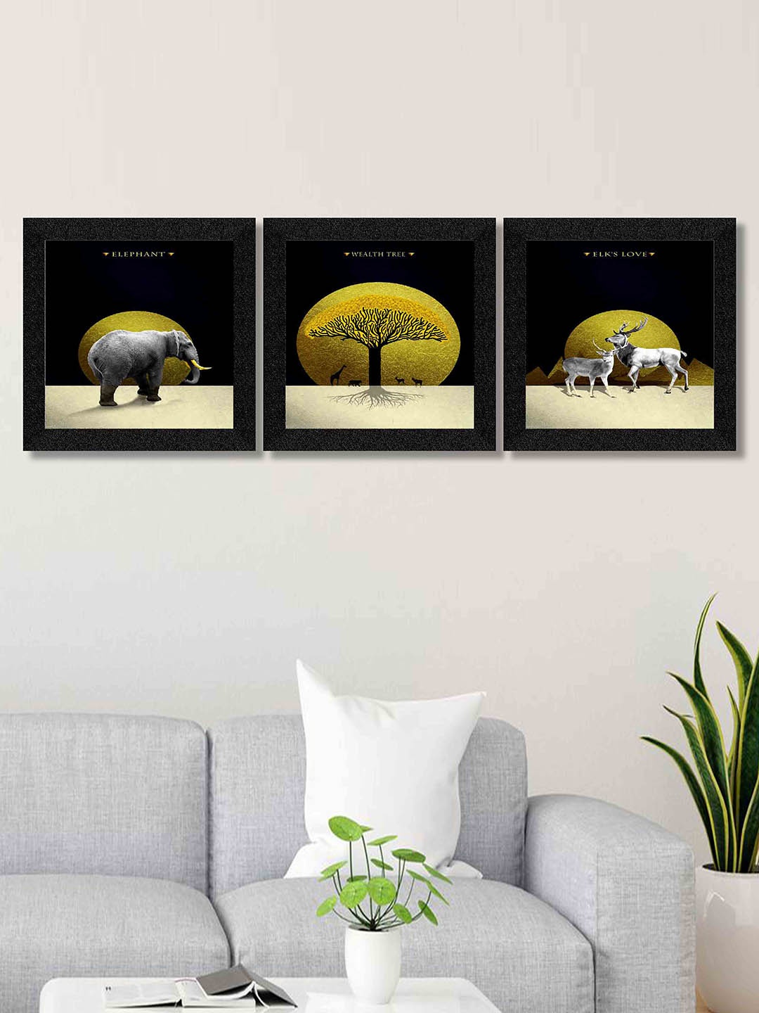 

SAF Grey & Gold 3 Pieces Animal & Tree Printed Framed Wall Art