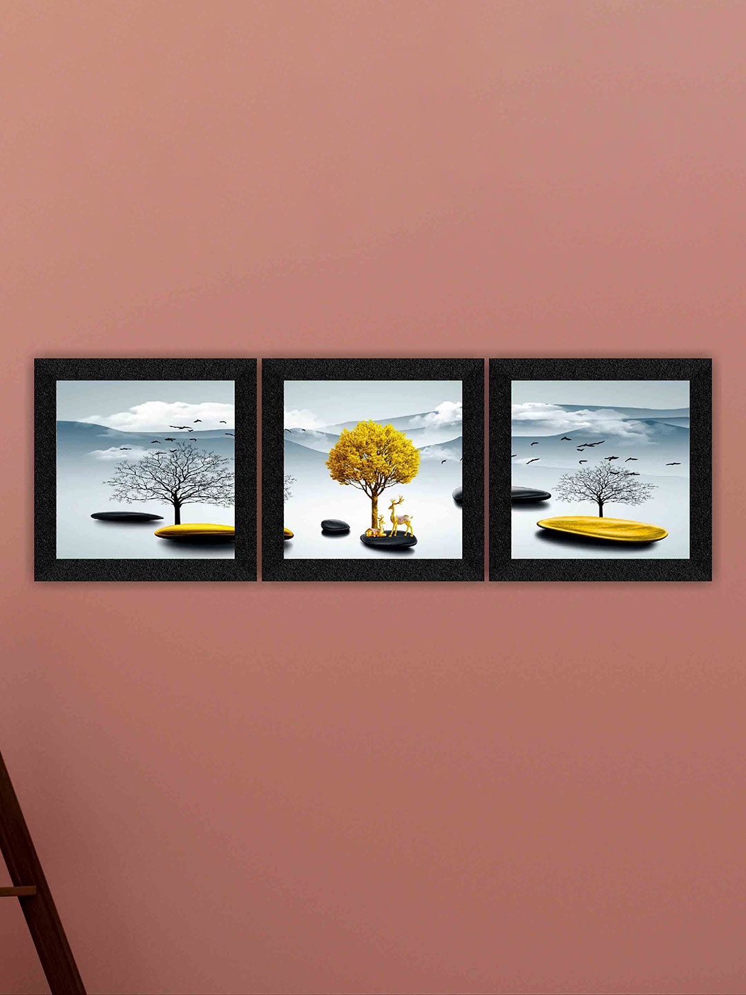 

SAF Blue & Yellow 3 Pieces Nature Art Printed Framed Wall Art