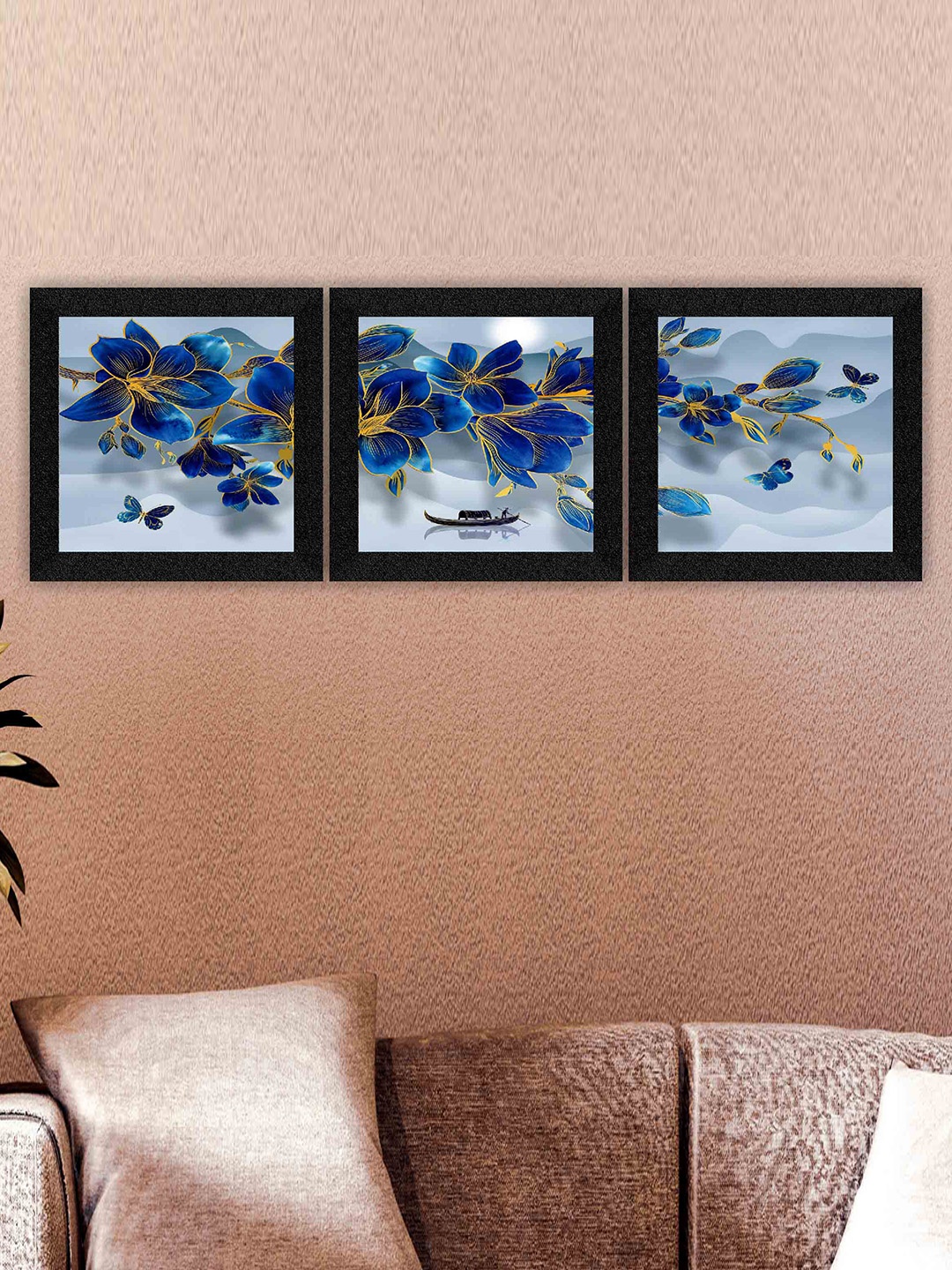 

SAF Grey & Blue 3 Pieces Flower Painting Wall Art