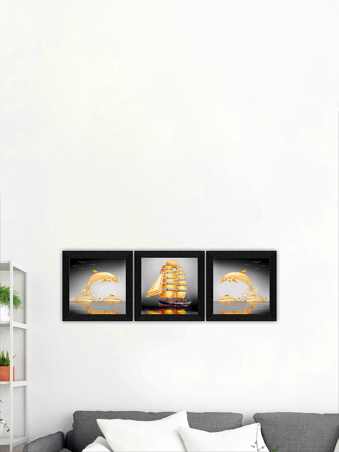 

SAF Grey & Yellow 3 Pieces Sea And Ship Printed Framed Wall Art
