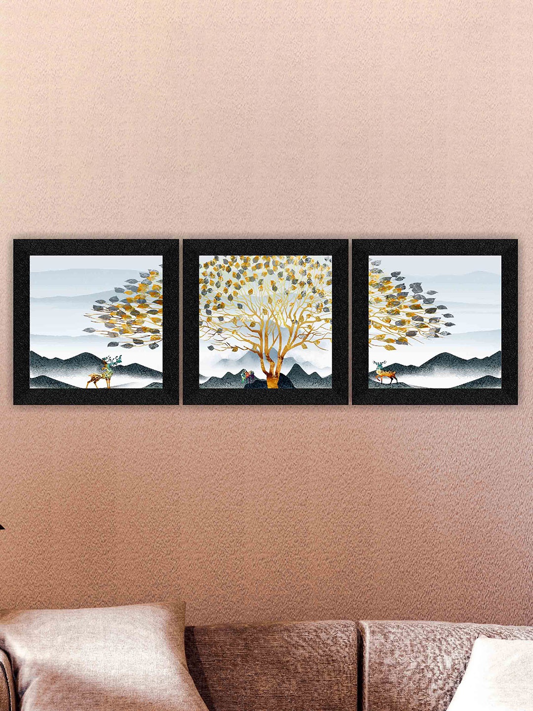 

SAF White & Blue 3 Pieces Framed Nature Art Wall Painting, Black