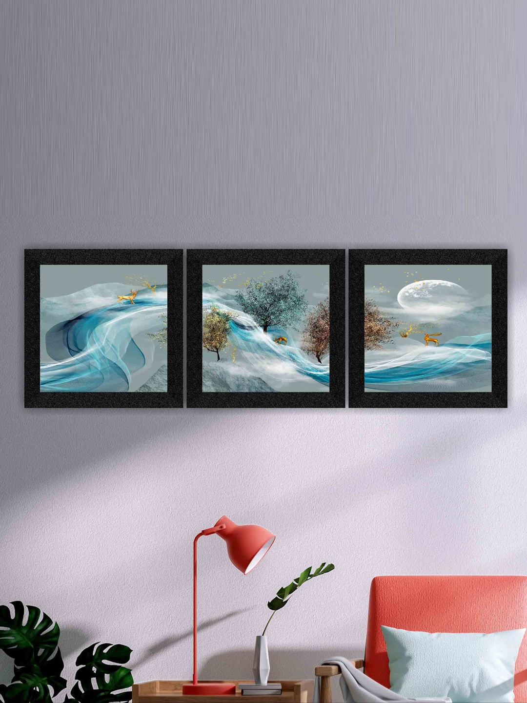 

SAF Black & Blue 3 Pieces Nature Painting Framed Wall Art