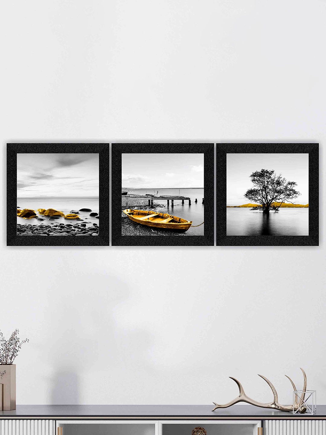 

SAF Black & Blue 3 Pieces Nature Painting Framed Wall Art
