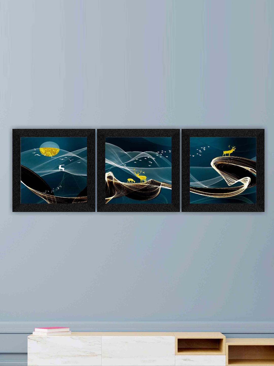 

SAF Blue & Yellow 3 Pieces Abstract Painting Wall Arts