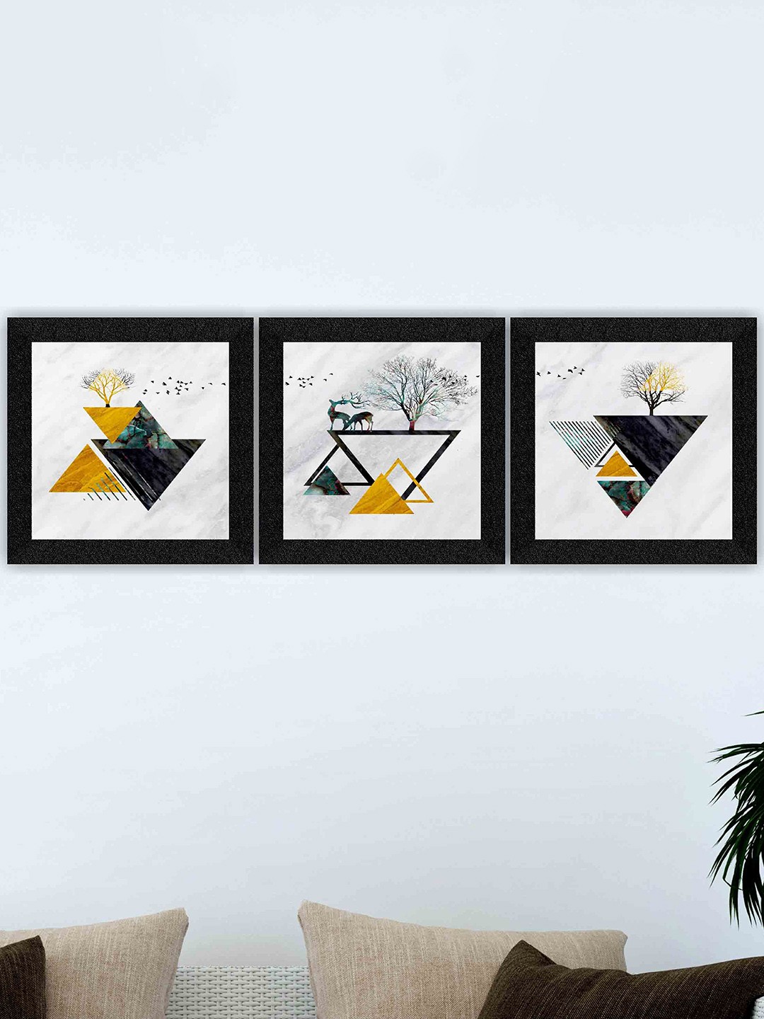 

SAF Set Of 3 Yellow & Black Abstract Painting Framed Wall Arts