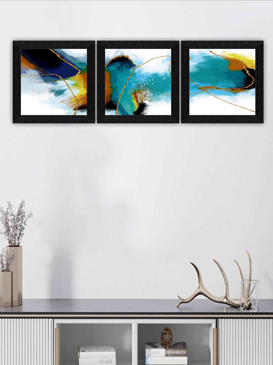 

SAF Black & Blue 3 Pieces Abstract Painting Framed Wall Art