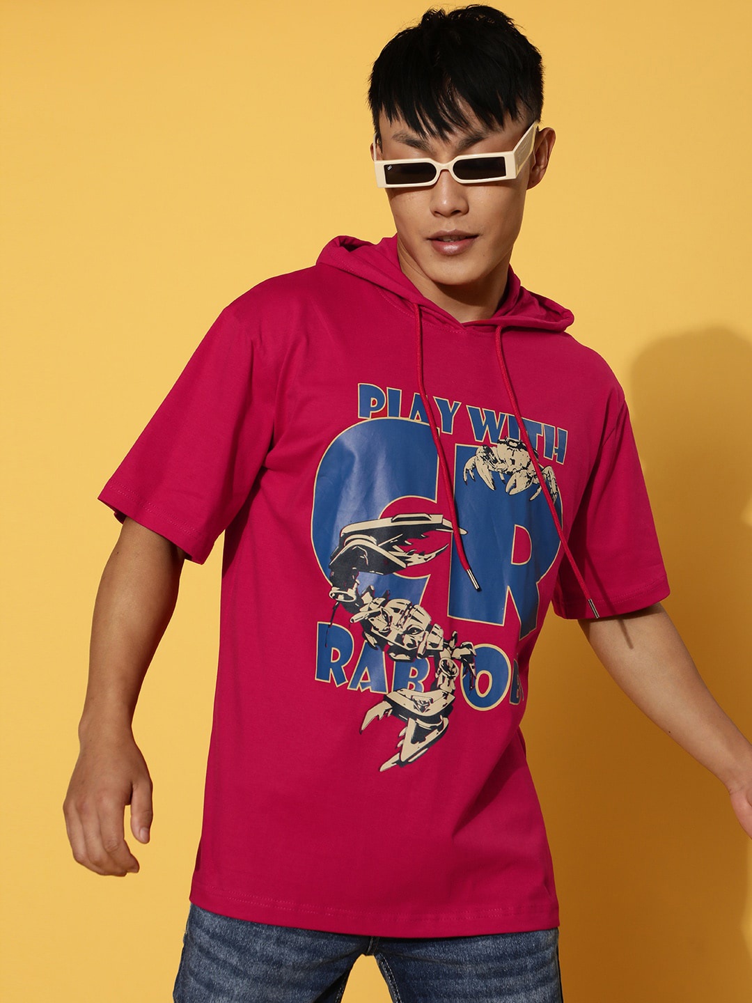 

VEIRDO Magenta Typography Printed Hooded Pure Cotton Oversized T-shirt