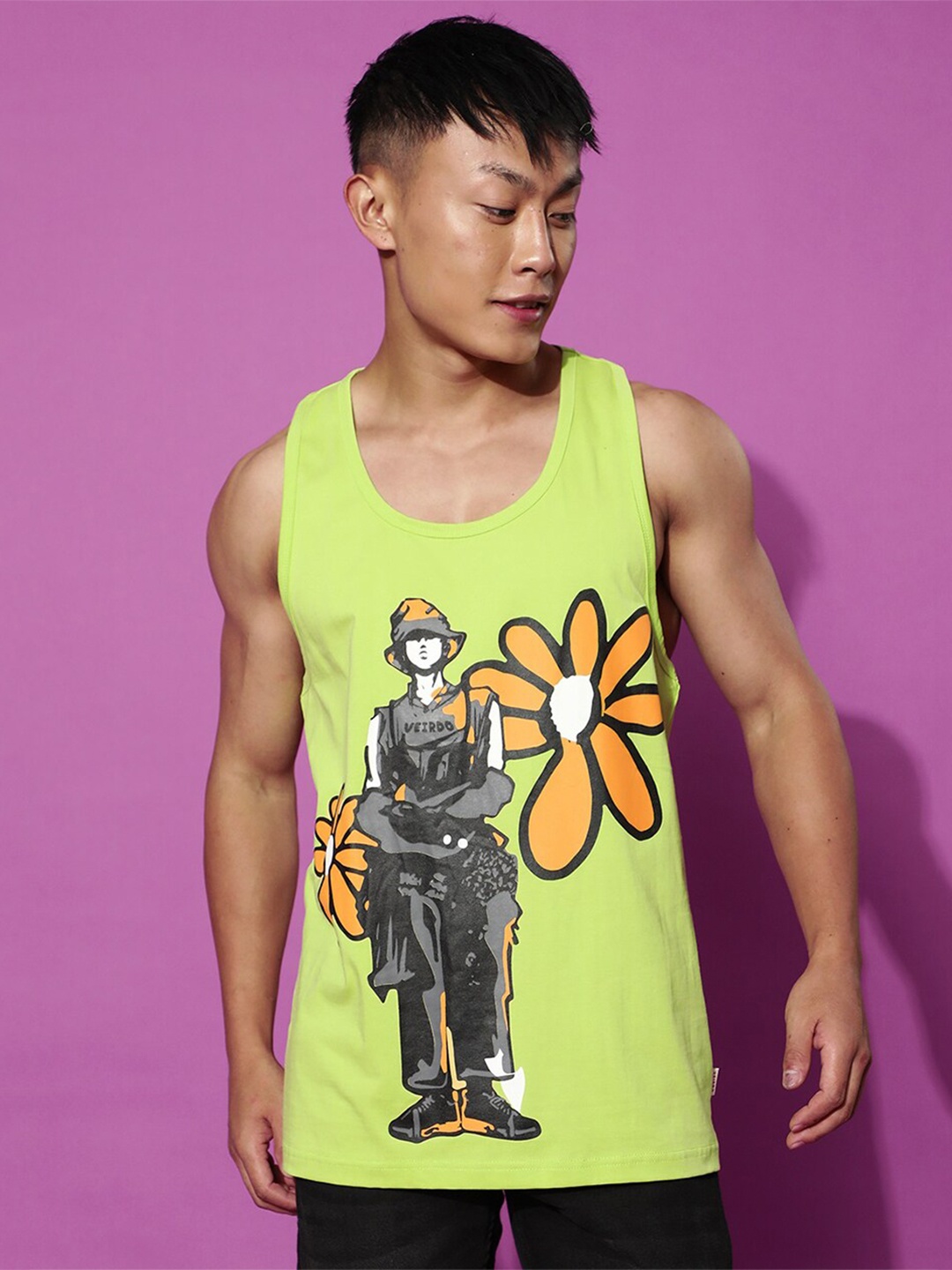 

VEIRDO Lime Green Graphic Printed Sleeveless Pure Cotton T-shirt