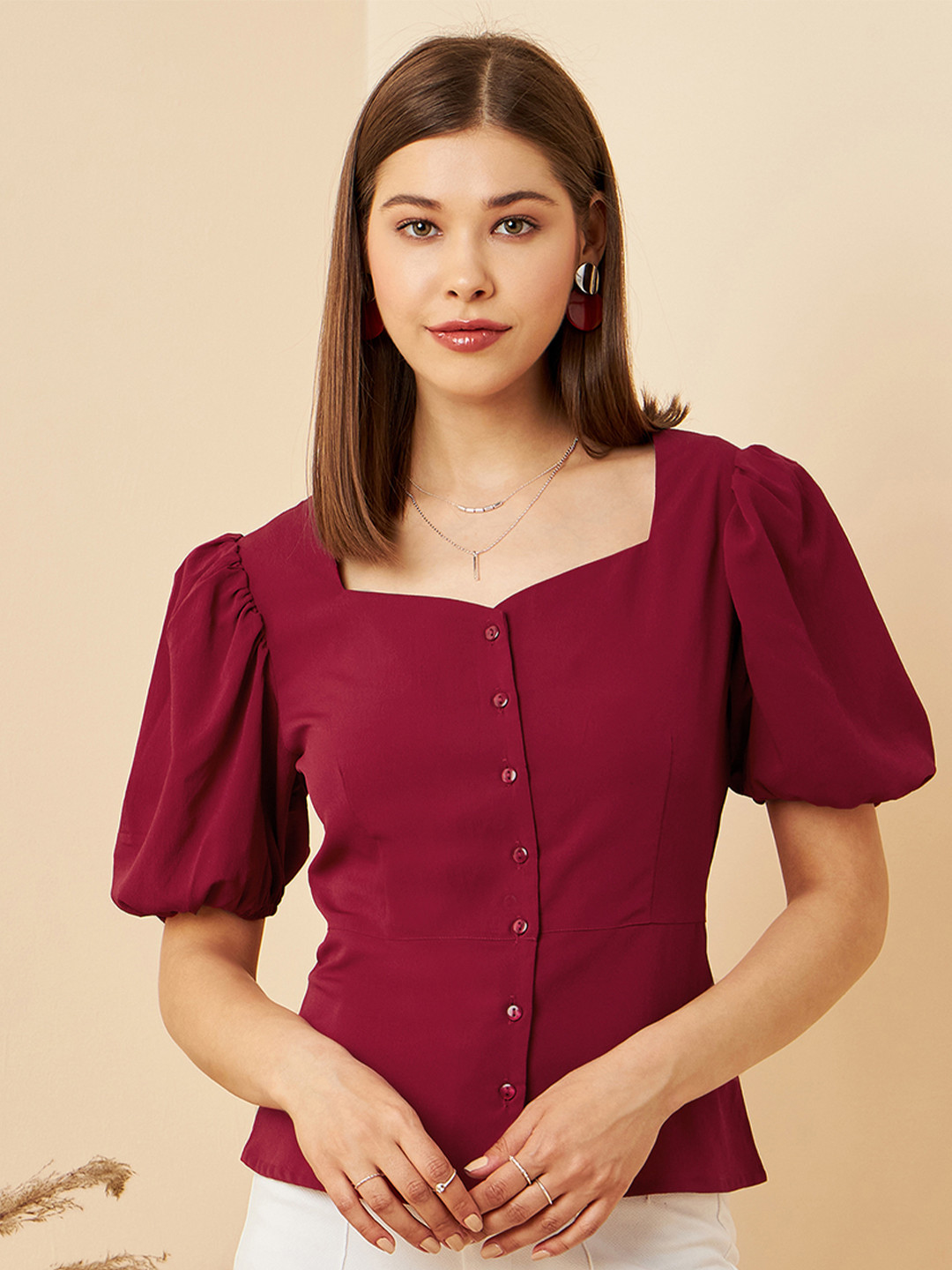 

RARE Maroon Sweetheart Neck Puff Sleeve Regular Top