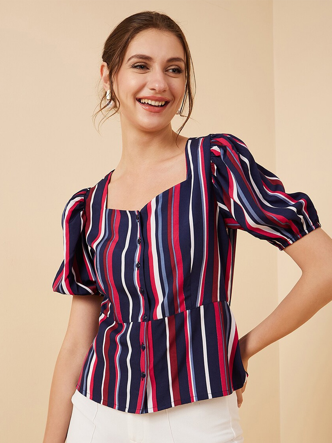 

RARE Navy Blue Red & White Colour Variegated Striped Puff Sleeve Top