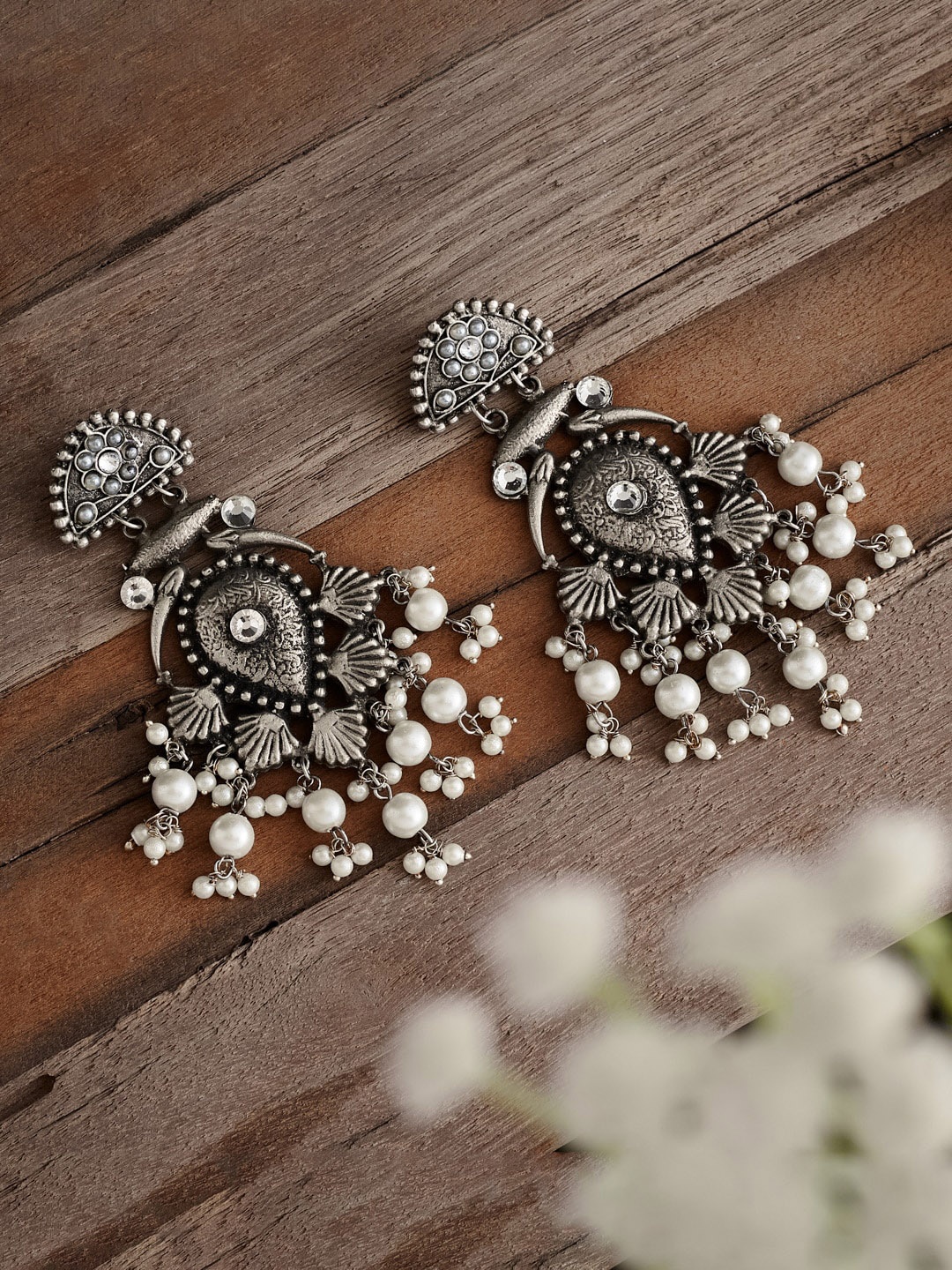 

ATIBELLE Silver-Plated Contemporary Stone-Studded & Beaded Drop Earrings