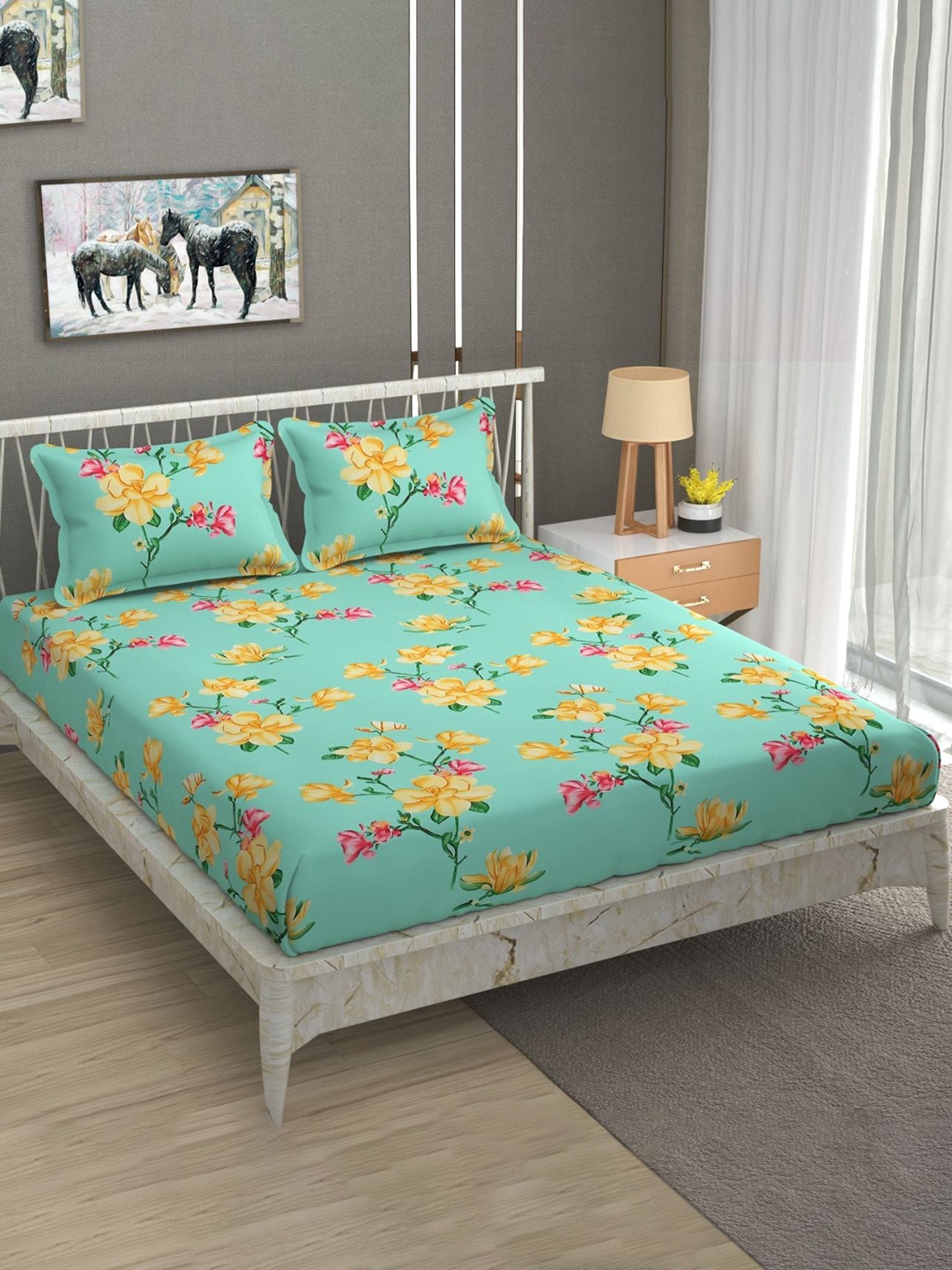

Bajo's Green & Yellow Floral 250 TC Fitted Cotton King Bedsheet with 2 Pillow Covers
