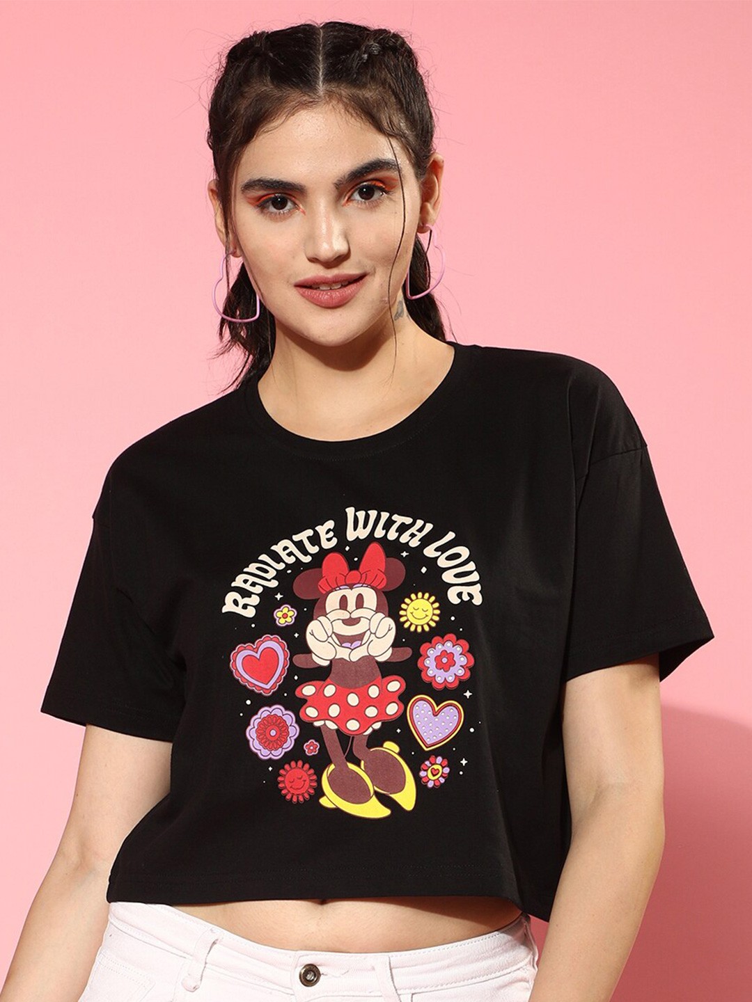 

JUNEBERRY Graphic Printed Drop-Shoulder Sleeves Cotton Boxy Crop T-Shirt, Black
