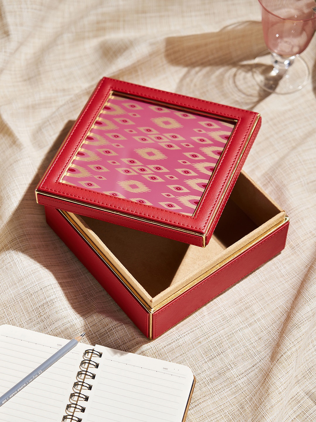 

Pure Home and Living Red Printed Square Box With Lid Organiser