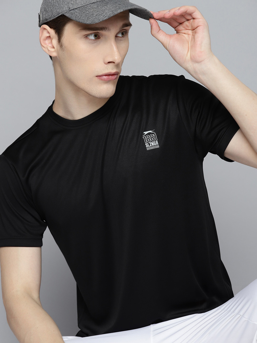 

Slazenger Men Brand Logo Printed Sports T-shirt with Reflective Detail, Black