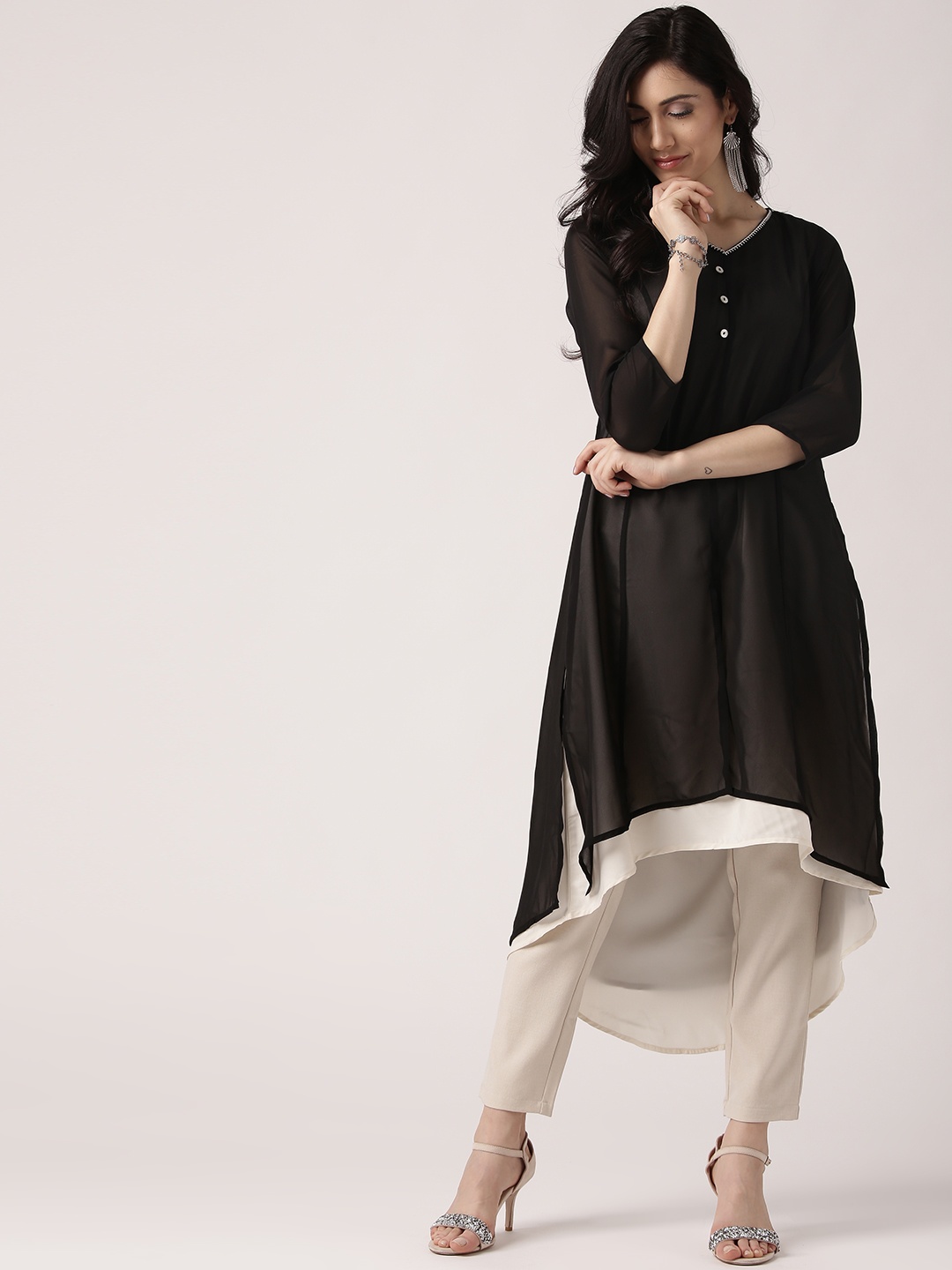 

IMARA Women Off-White & Black Layered A-Line Kurta