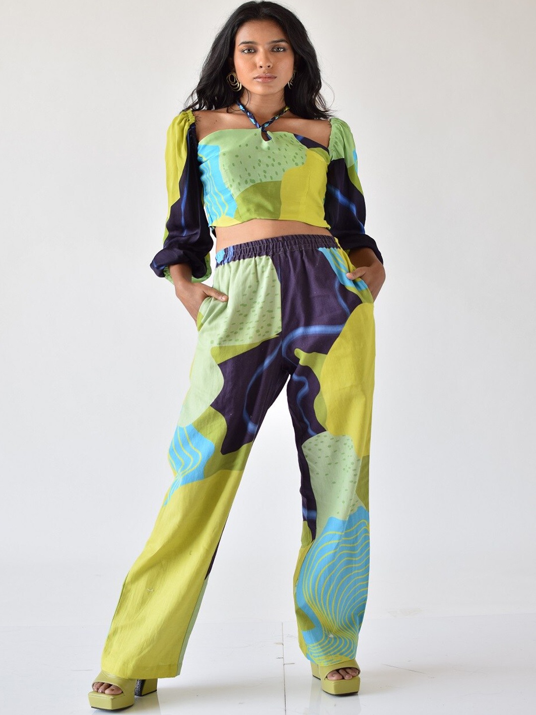 

MISSY Women Abstract Printed Relaxed Straight Leg High-Rise Cotton Trousers, Blue