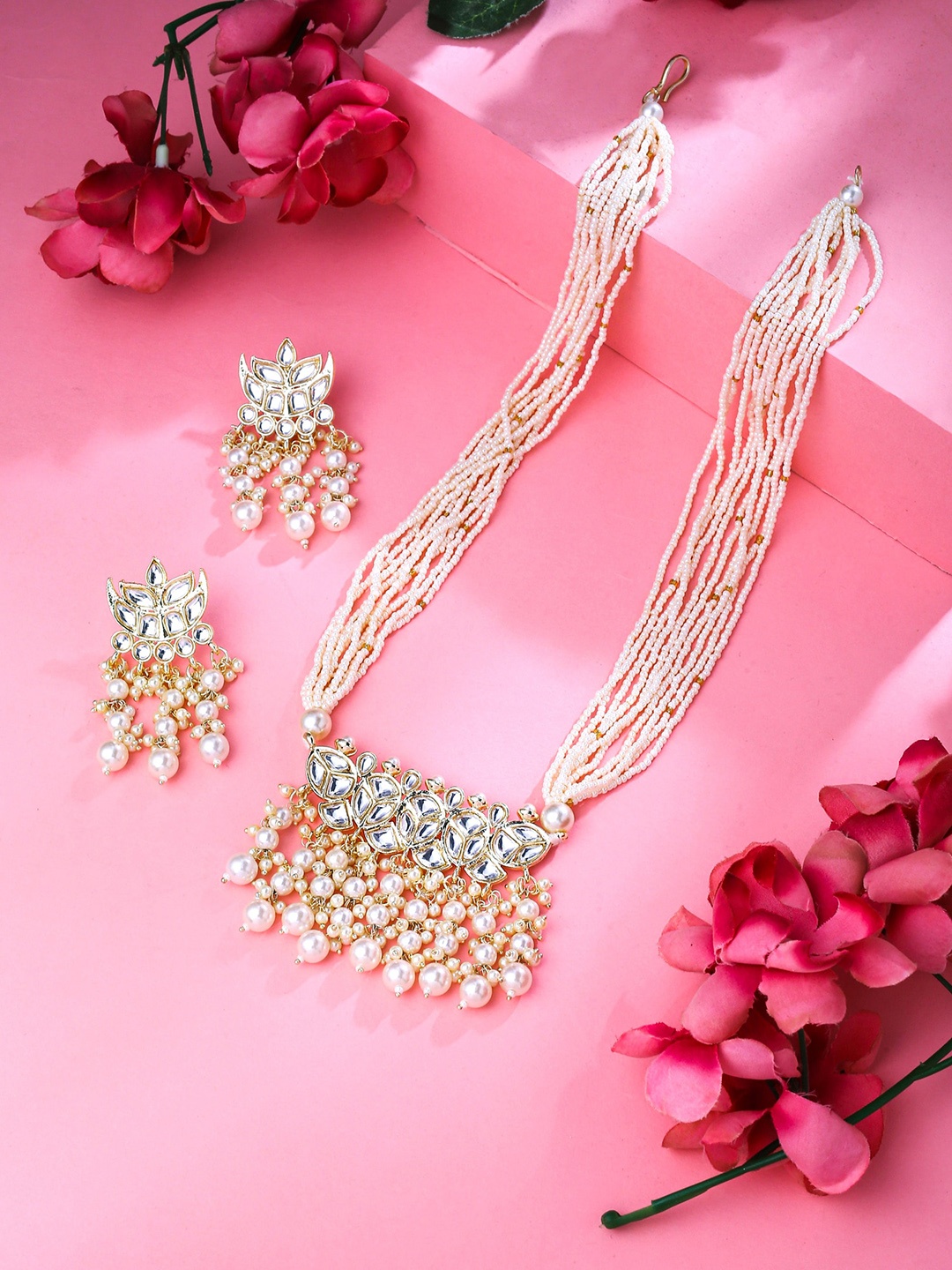 

Yellow Chimes Gold-Plated Kundan Studded Long Necklace Set, White