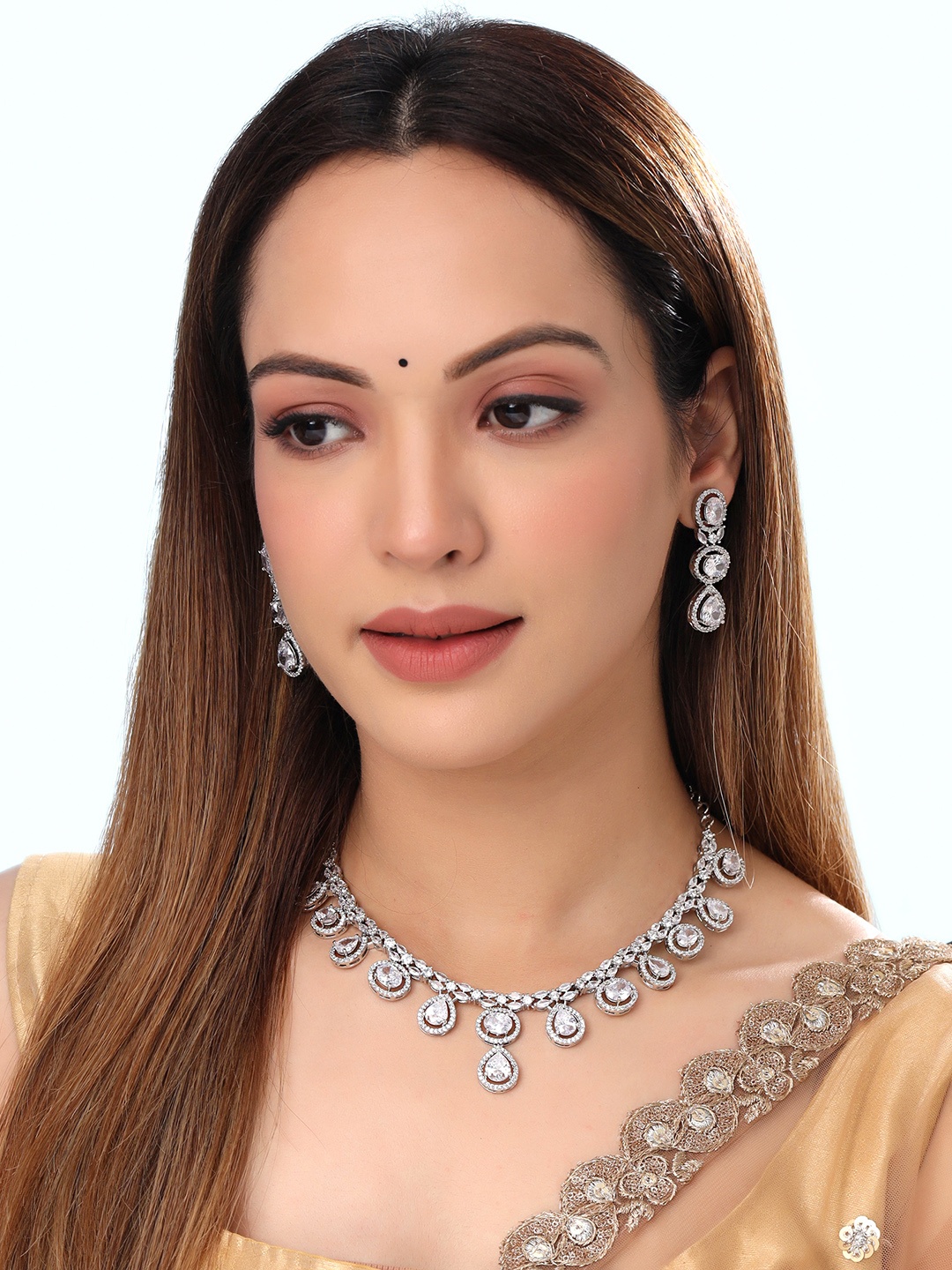 

Yellow Chimes Rhodium Plated American Diamond Studded Jewellery Set, White