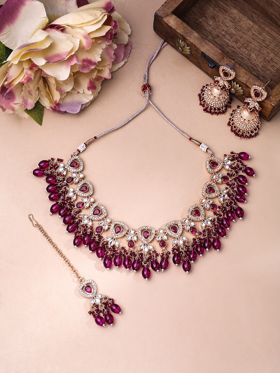 

Yellow Chimes Gold-Plated Jewellery Set with Maangtikka, Maroon