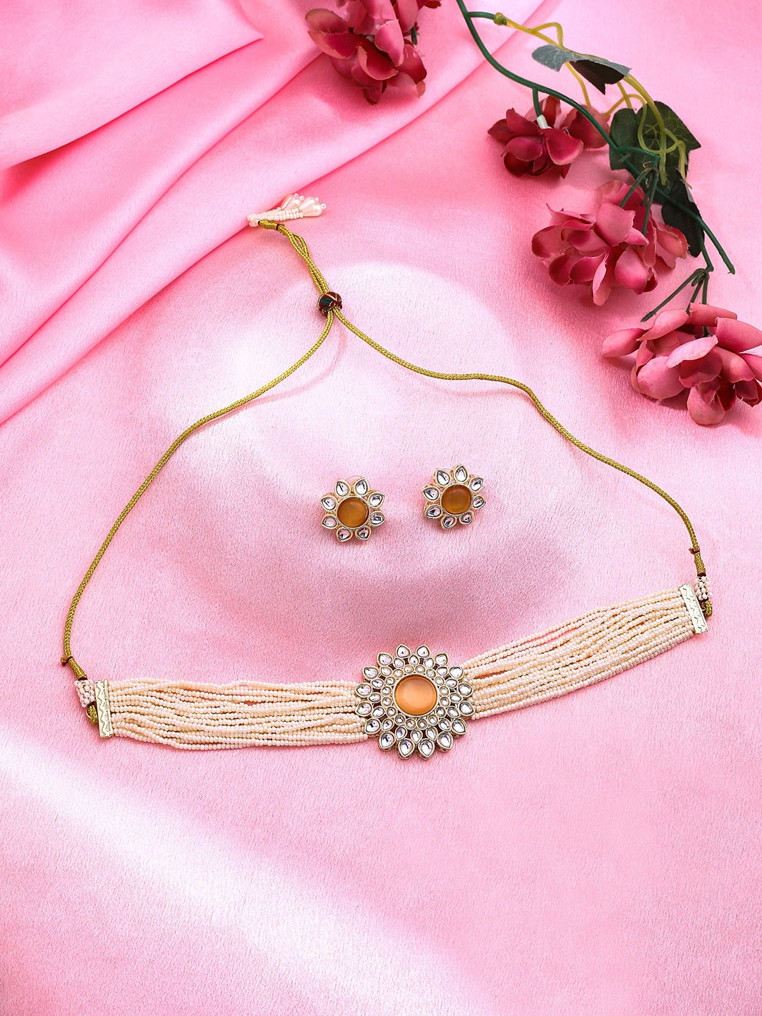 

Yellow Chimes Gold Plated Kundan Jewellery Set, Pink