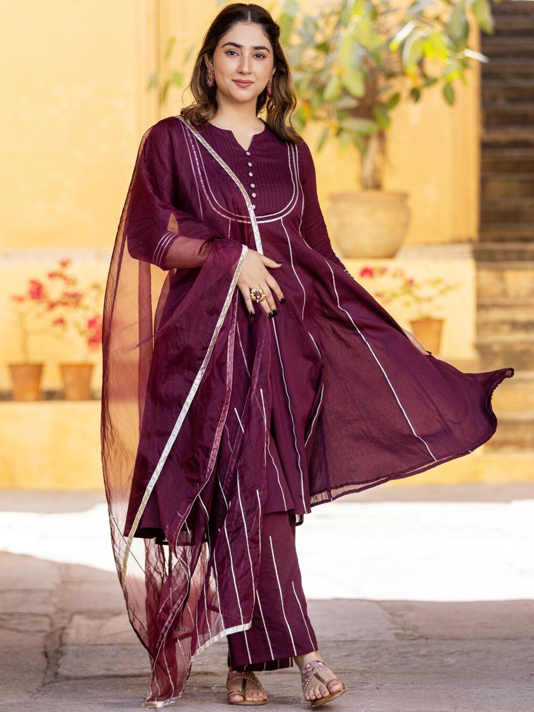 

Ambraee Striped Regular Anarkali Kurta With Palazzos & With Dupatta, Burgundy