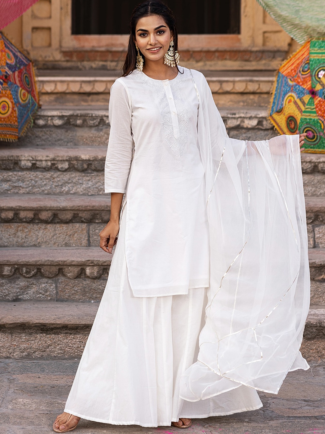 

Ambraee Yoke Design Embridered Regular Kurta With Palazzos & With Dupatta, White