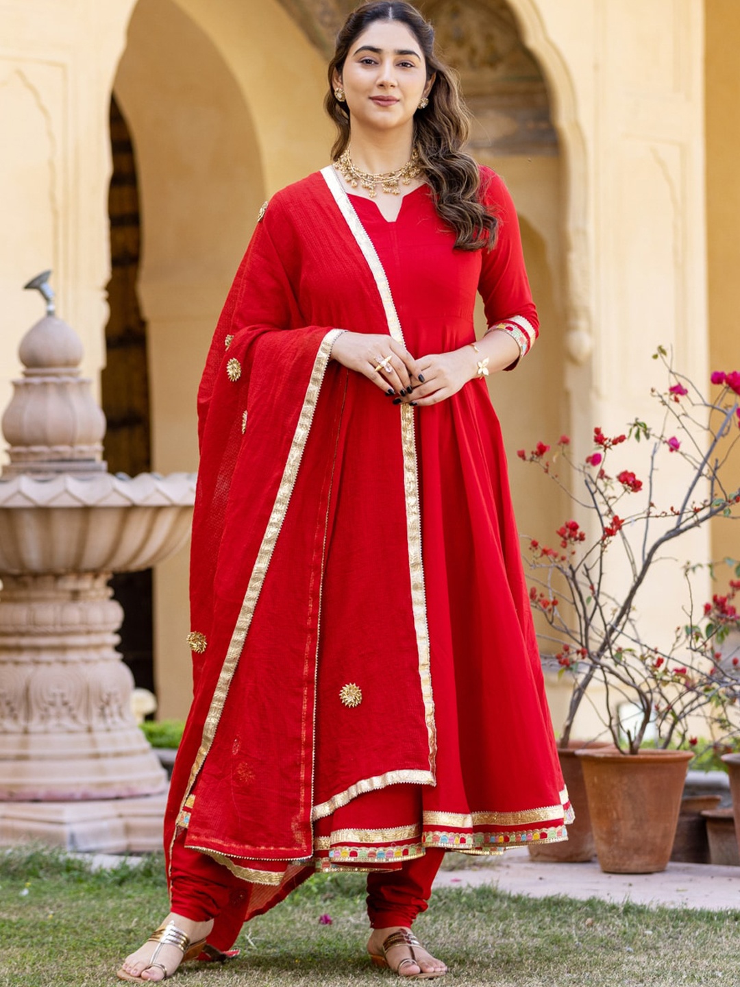 

Ambraee Empire Kurta with Churidar & Dupatta, Red