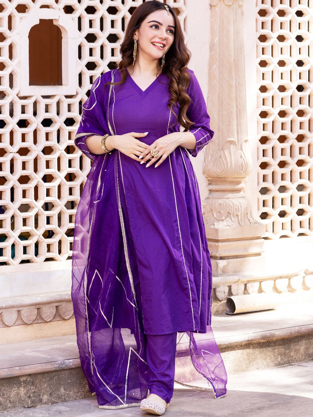 

Ambraee Striped Regular Kurta With Churidar & With Dupatta, Purple