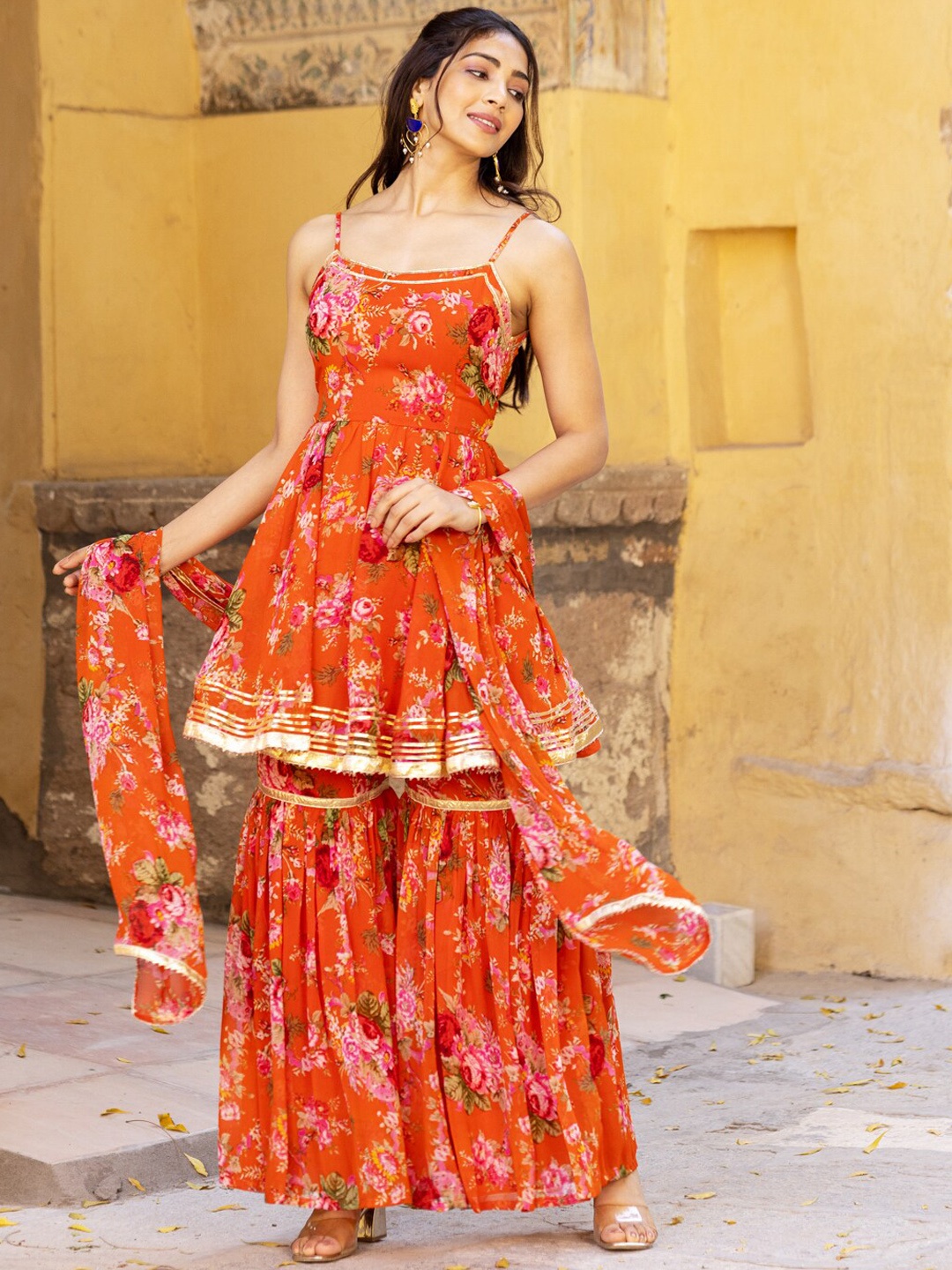 

Ambraee Floral Printed Kurta With Sharara & With Dupatta, Orange
