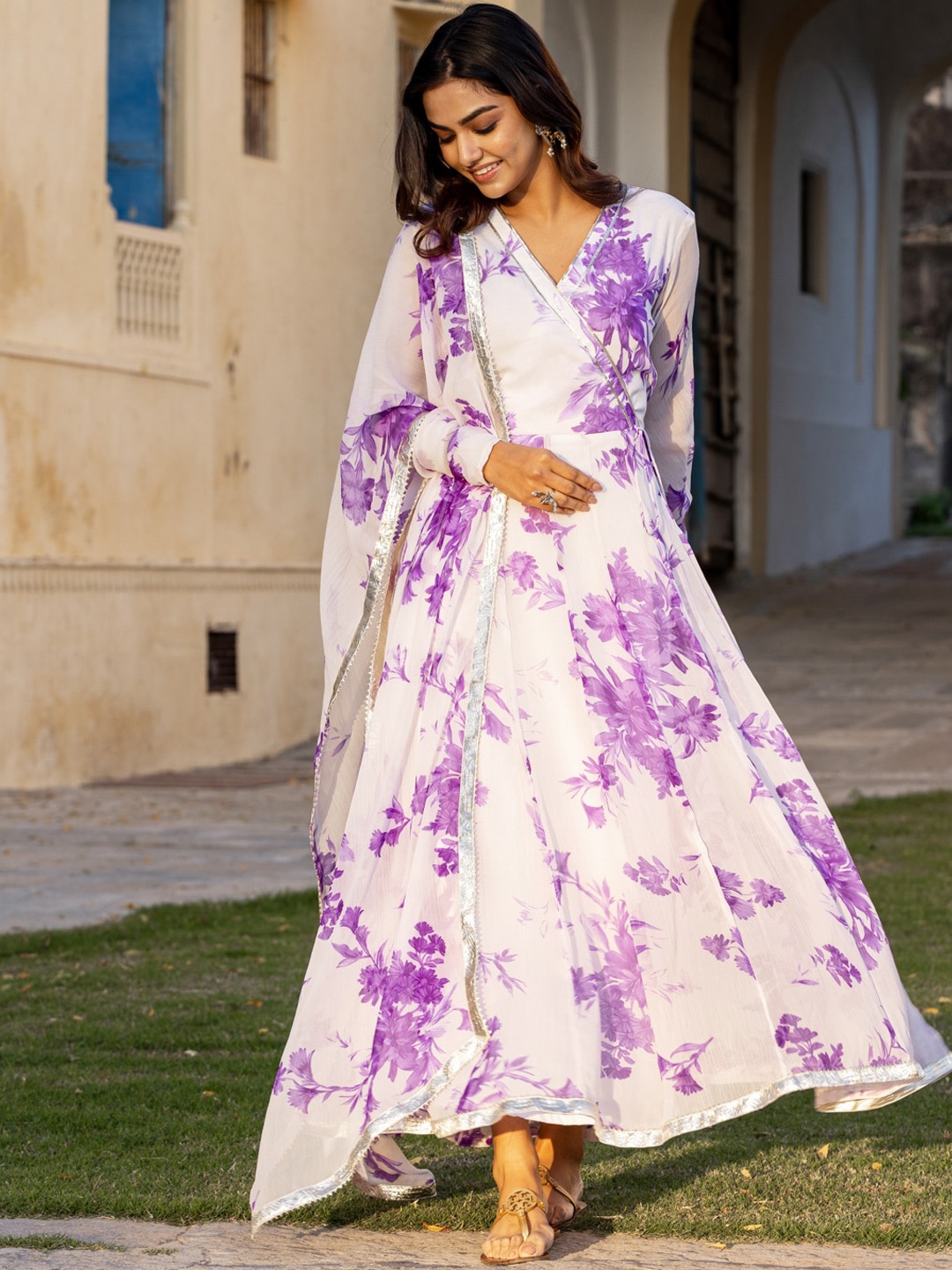

Ambraee Floral Printed Angrakha Kurta With Trousers & With Dupatta, White