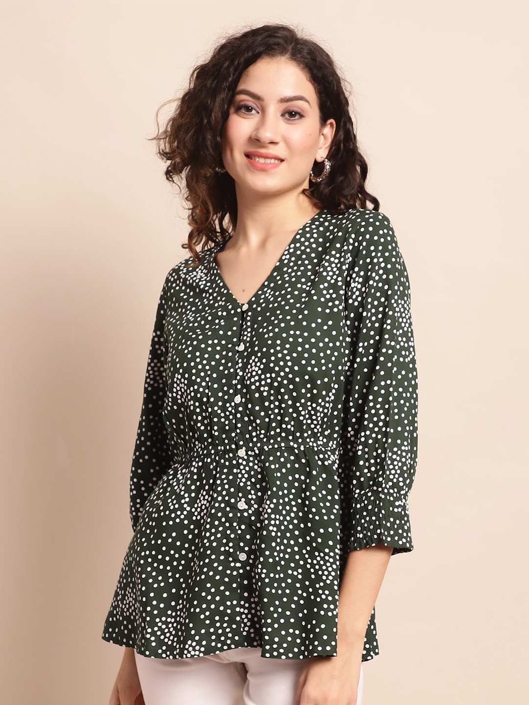 

Cantabil V-Neck Polka Dots Printed Peplum Top, Green