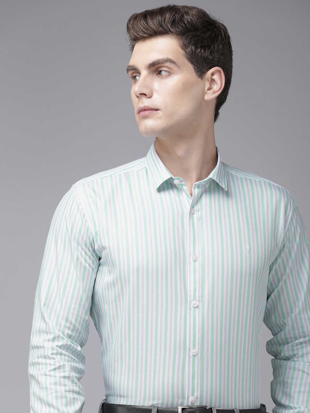 

V Dot Slim Fit Opaque Striped Pure Cotton Formal Shirt, Green