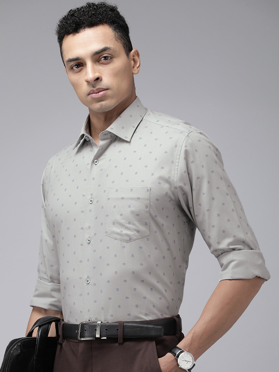 

Van Heusen Pure Cotton Self Design Textured Printed Custom Formal Shirt, Grey
