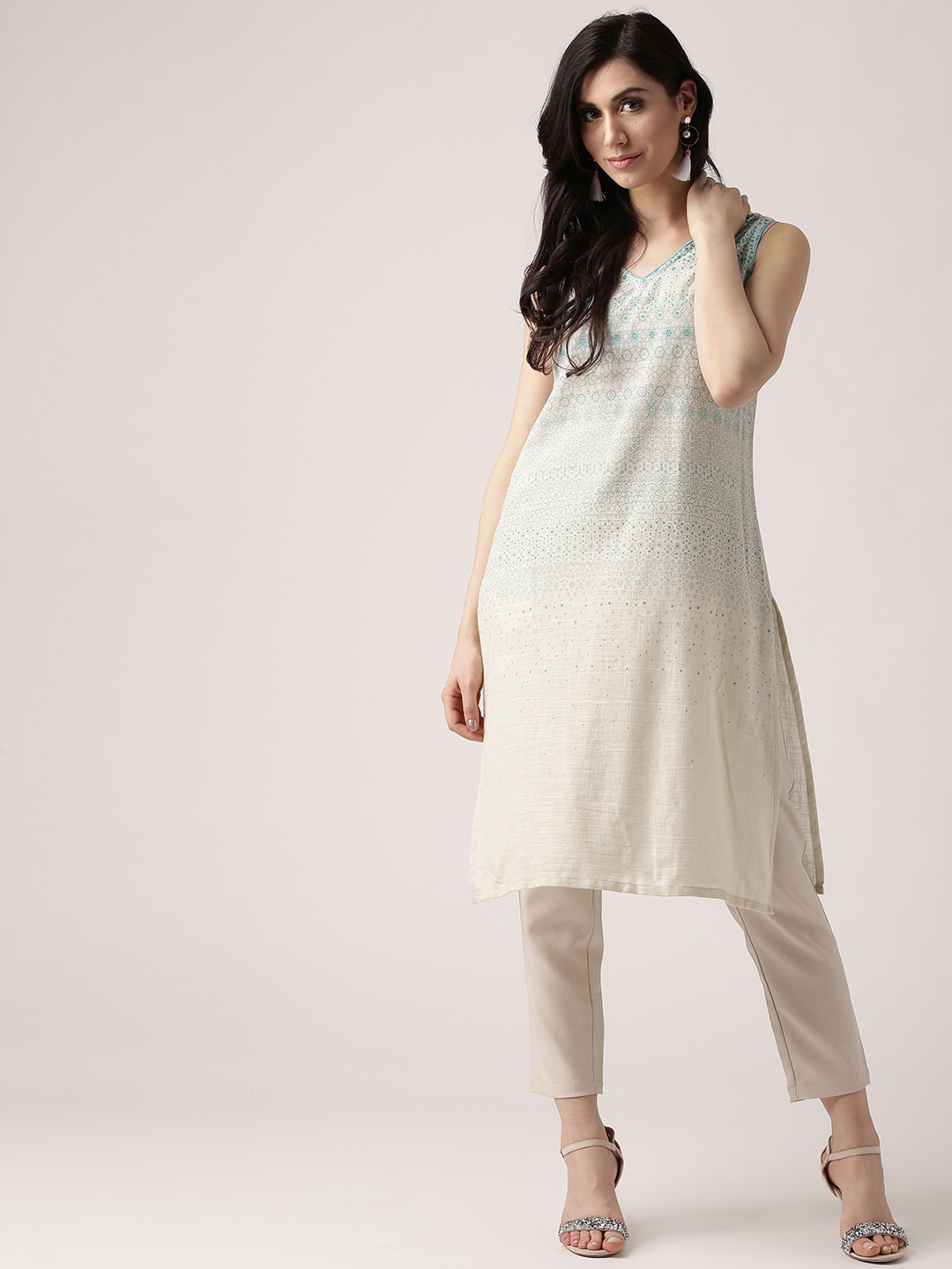 

IMARA Women Beige & Sea Green Printed Straight Kurta