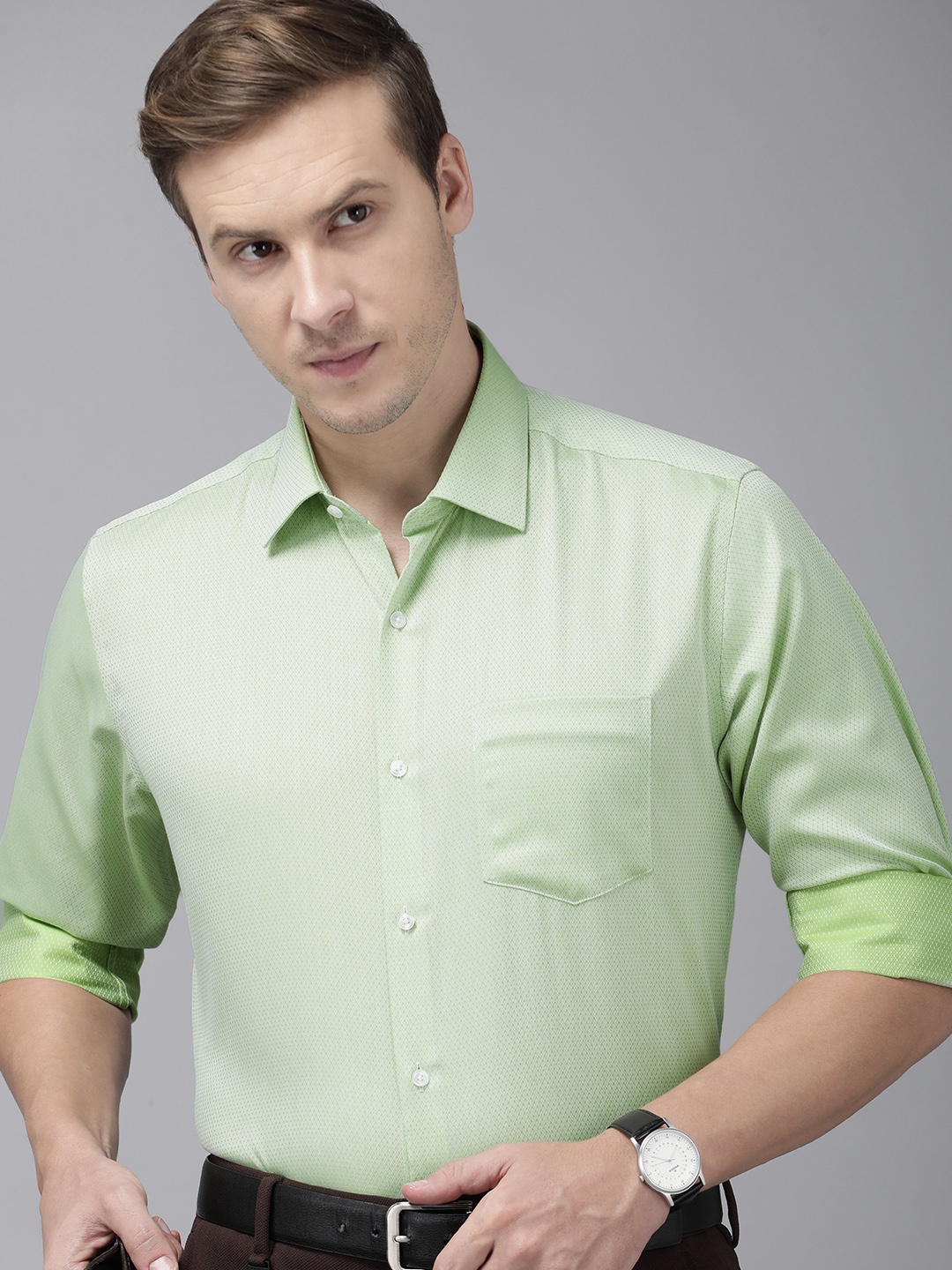 

Van Heusen Pure Cotton Self Design Textured Custom Formal Shirt, Green